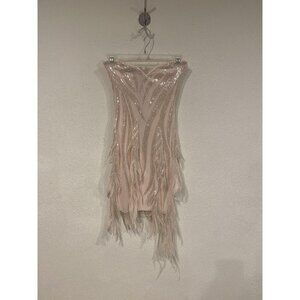 Bella Barnett Dress Womens XS Pink Sequin Fringe Strapless Bodycon Mini Party